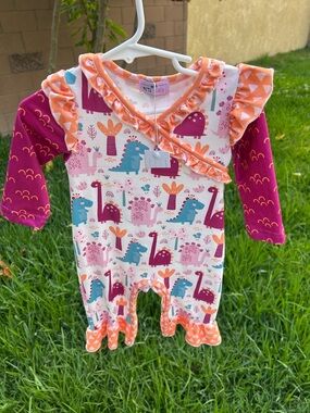 Long-Sleeve Dinosaur Print One-Piece in Pink & Orange